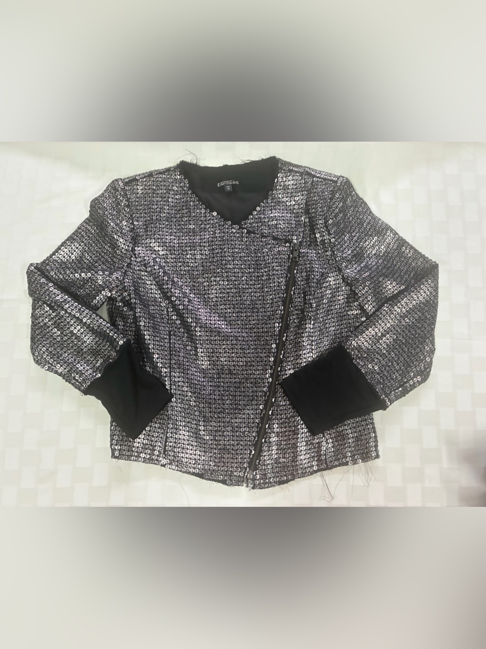 Express Silver Sequin Bomber Jacket with Black Trim